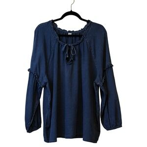OLD NAVY Women's Peasant Blouse Ruffle Blue Chambray Long Sleeve Boho Popover 2X